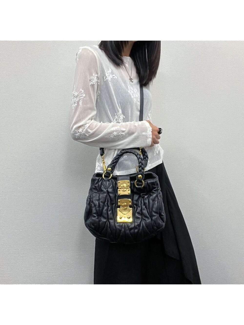Miu Miu Coffer Matelasse 2-Way Shoulder Bag Leather Black Gold Vintage